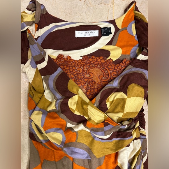 Charles Nolan Dress, Browns & Oranges, Wrap, Ruckering Side, Long Sleeved, Sz 4 - Picture 9 of 16